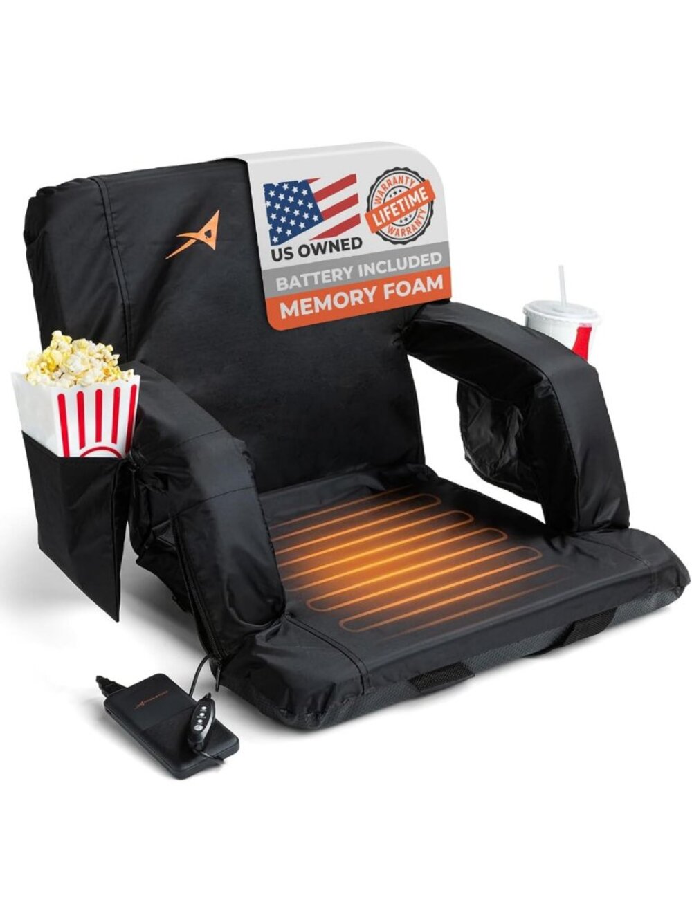 Heated Bleacher Seats with Back Support - USB Battery, 3 Heat Levels, Foldable